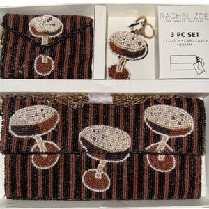 RACHEL ZOE STRIPED ESPRESSO MARTINI BEADED CLUTCH  3 PIECE SET  NWT